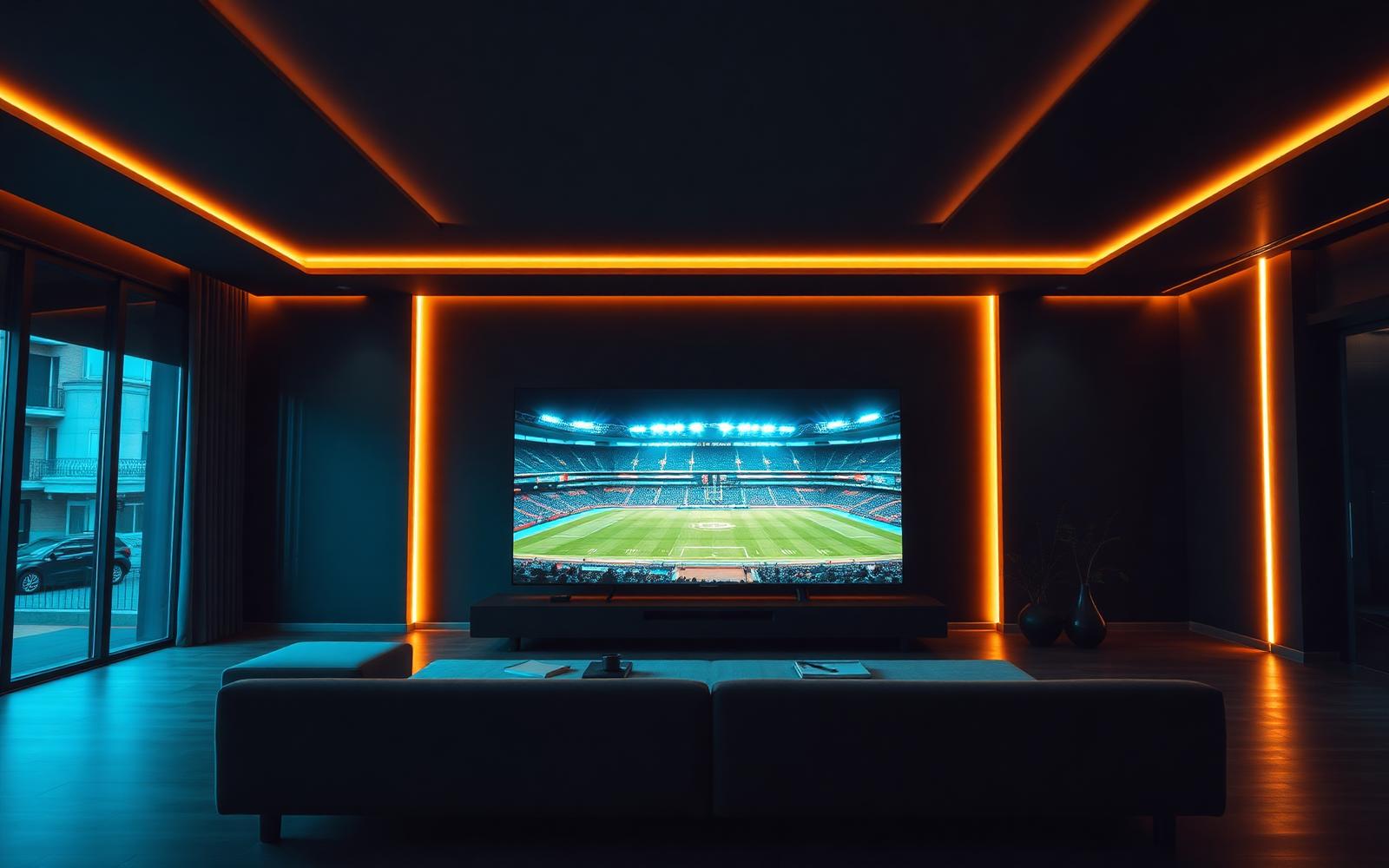 Woonkamer met een grote 4K-tv die een live voetbalwedstrijd streamt